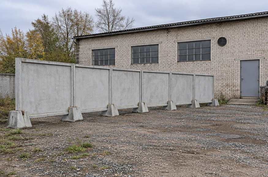 Панельный бетонный забор на опорах. Готовое ограждение. Панели на отдельных опорах у ремонтного склада. Визуализация.